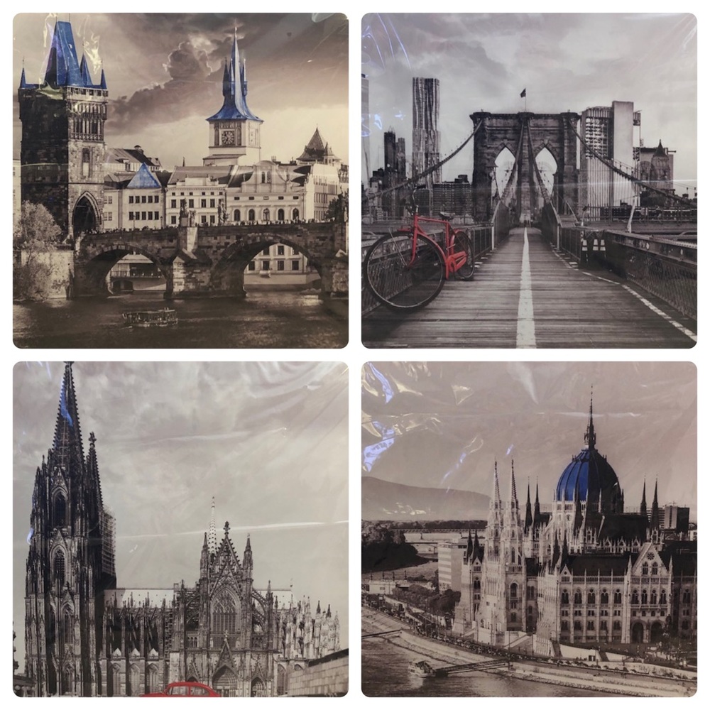 Set of 4 Wrapped Canvas Wall Art City Landmarks New York Prague Hungary Germany